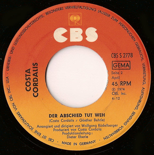 Costa Cordalis : Santa Marina Del Mare, Adieu (7", Single)