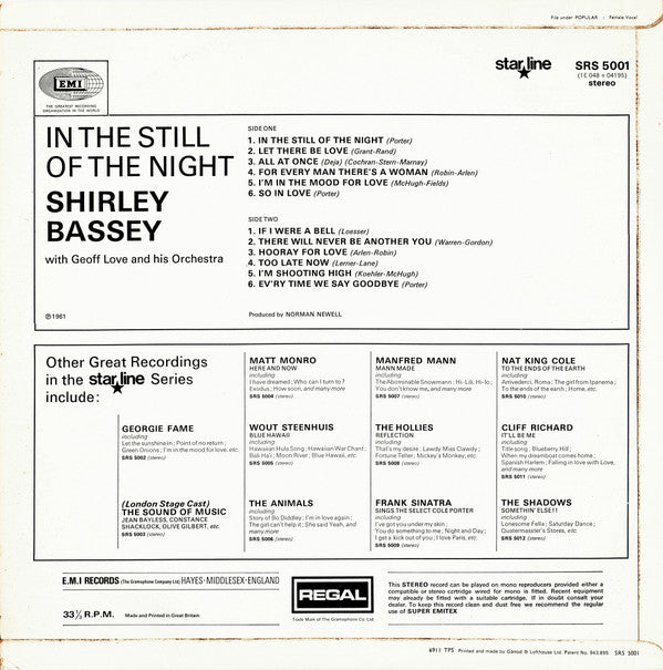 Shirley Bassey With Geoff Love & His Orchestra : In The Still Of The Night (LP, Album, RE)