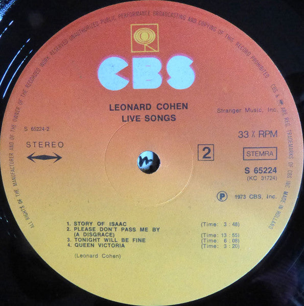 Leonard Cohen : Live Songs (LP, Album)