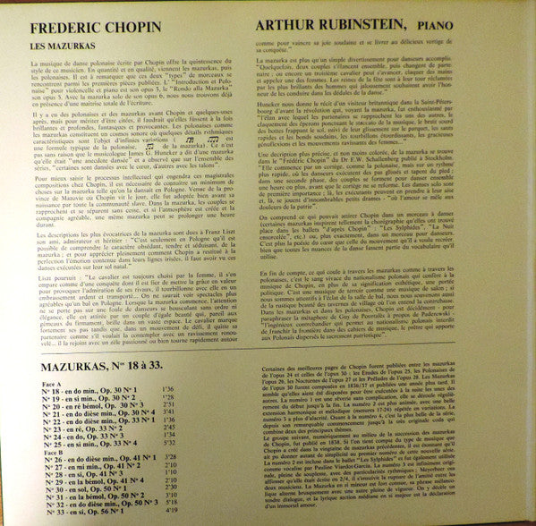 Arthur Rubinstein, Frédéric Chopin : Les Mazurkas Nos 18 à 33 (Volume 2) (LP, Album, RE)