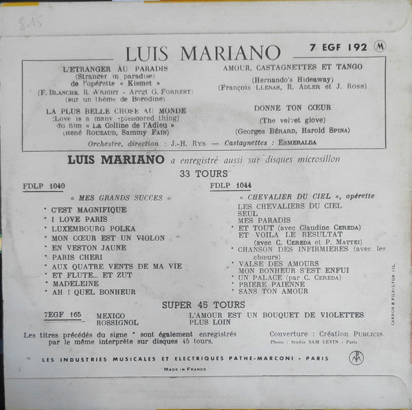 Luis Mariano : L'etranger Au Paradis / La Plus Belle Chose Du Monde / Amour, Castagnettes Et Tango / Donne Ton Coeur  (7", EP)
