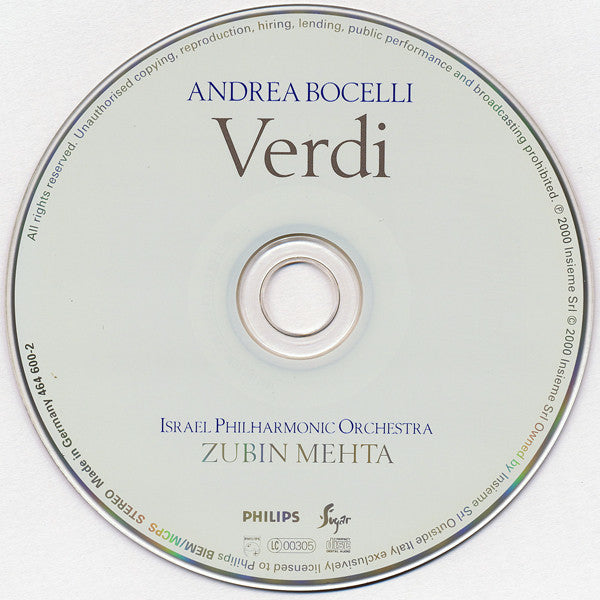 Andrea Bocelli, Israel Philharmonic Orchestra, Zubin Mehta : Verdi (CD, Album)