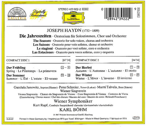 Joseph Haydn - Gundula Janowitz · Peter Schreier · Martti Talvela · Wiener Singverein · Wiener Symphoniker · Karl Böhm : Die Jahreszeiten = The Seasons = Les Saisons (2xCD, Album, RE, RM)