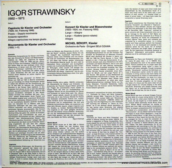 Igor Stravinsky / Michel Béroff / Seiji Ozawa, Orchestre De Paris : Capriccio • Mouvements • Concerto (LP)