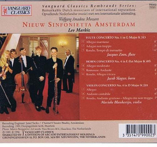 Wolfgang Amadeus Mozart, Nieuw Sinfonietta Amsterdam, Lev Markiz, Jacques Zoon, Jacob Slagter, Marieke Blankestijn : Flute Concert No. 1 / Horn Concerto No. 4 / Violin Concerto No. 4 (CD, Album)