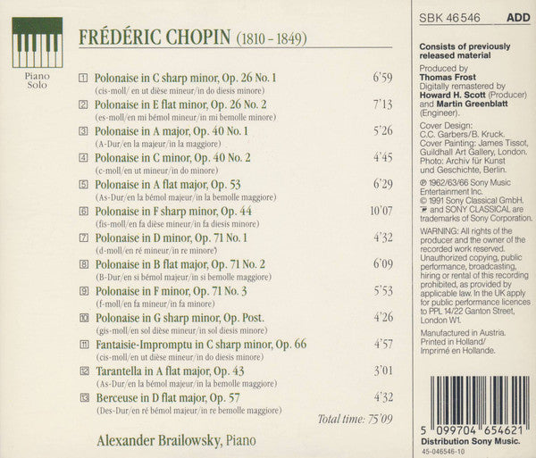 Alexander Brailowsky, Frédéric Chopin : Polonaises. Fantaisie-Impromtu Op.66, Tarantella Op.43, Berceuse Op.57 (CD, Comp)
