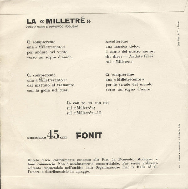 Domenico Modugno : La «Milletré» (7", Single, Promo)