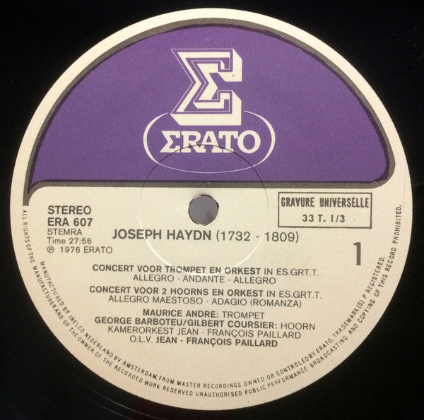 Joseph Haydn, Maurice André, Georges Barboteu, Gilbert Coursier, Marie-Claire Alain : Trumpet Concerto / Organ Concerto / Concerto For 2 Horns (LP, Album)