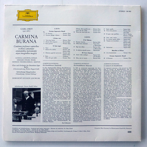 Gundula Janowitz, Gerhard Stolze, Dietrich Fischer-Dieskau, Chor der Deutschen Oper Berlin Und Orchester Der Deutschen Oper Berlin Conductor Eugen Jochum : Carmina Burana (LP, RE, Gat)