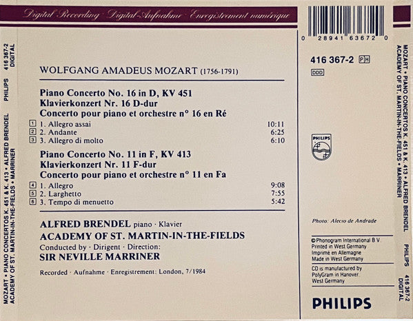 Wolfgang Amadeus Mozart, Alfred Brendel, The Academy Of St. Martin-in-the-Fields, Sir Neville Marriner : Piano Concertos = Klavierkonzerte No. 11 KV 413 & No. 16 KV 451 (CD)