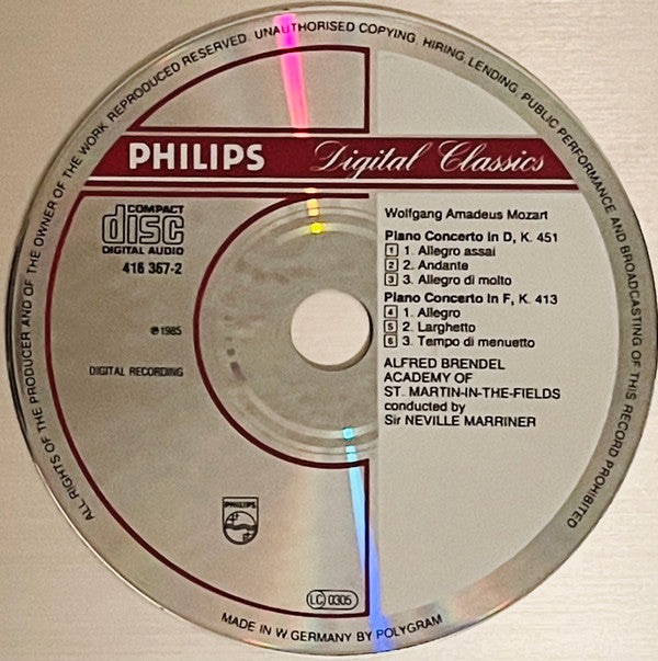 Wolfgang Amadeus Mozart, Alfred Brendel, The Academy Of St. Martin-in-the-Fields, Sir Neville Marriner : Piano Concertos = Klavierkonzerte No. 11 KV 413 & No. 16 KV 451 (CD)