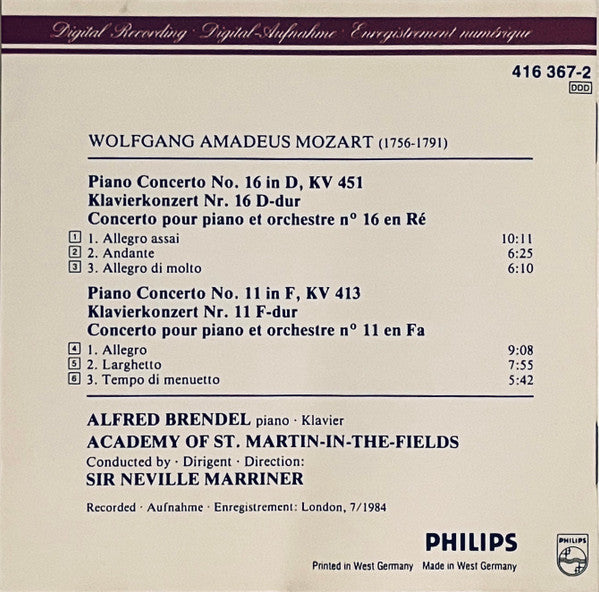 Wolfgang Amadeus Mozart, Alfred Brendel, The Academy Of St. Martin-in-the-Fields, Sir Neville Marriner : Piano Concertos = Klavierkonzerte No. 11 KV 413 & No. 16 KV 451 (CD)