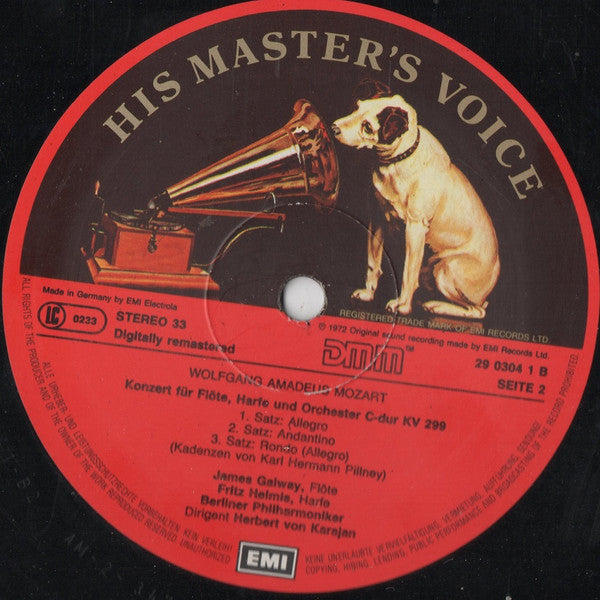 Wolfgang Amadeus Mozart, Berliner Philharmoniker, Herbert von Karajan, James Galway, Fritz Helmis, Andreas Blau : Flötenkonzert - Flute Concerto No. 1/Konzert Für Flöte, Harfe Und Orchester - Concerto For Flute, Harp And Orchestra (LP, RE)