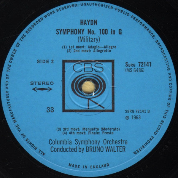 Bruno Walter Conducts Joseph Haydn - Columbia Symphony Orchestra : Symphony No. 88 In G Major / Symphony No. 100 In G Major (Military) (LP, Album, RE)