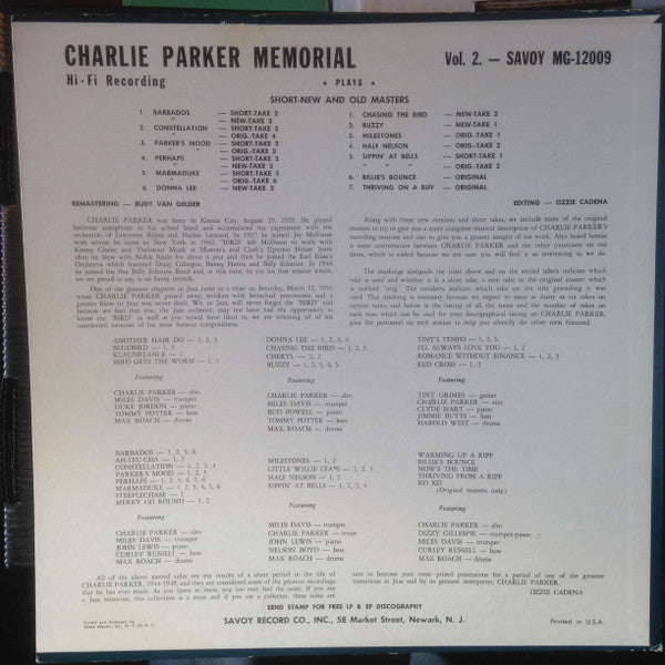 Charlie Parker : Charlie Parker Memorial Vol. 2 (LP, Mono)