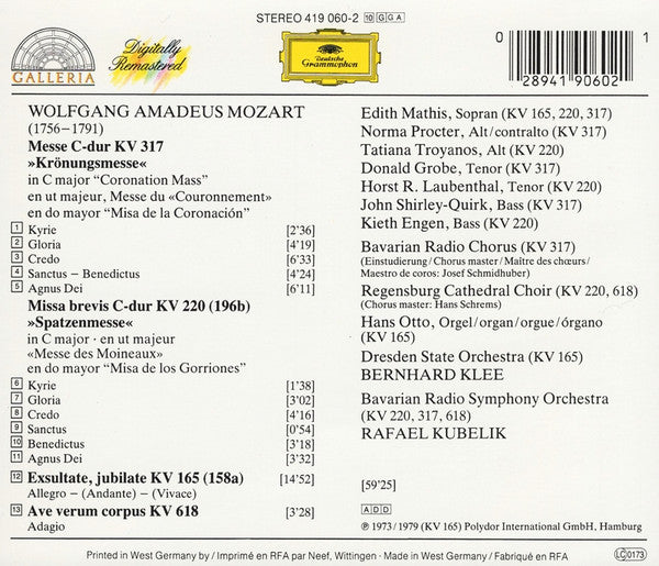 Wolfgang Amadeus Mozart : Coronation Mass • Missa Brevis In C Major • Ave Verum Corpus • Exsultate, Jubilate (CD, Comp, RM)