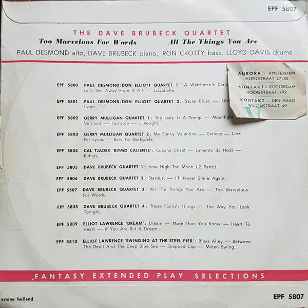 The Dave Brubeck Quartet : Too Marvelous For Words / All The Things You Are (7", Single)