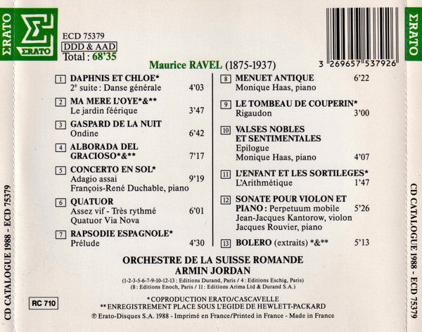 Maurice Ravel, L'Orchestre De La Suisse Romande, Armin Jordan : CD Catalogue 1988 (CD, Comp)