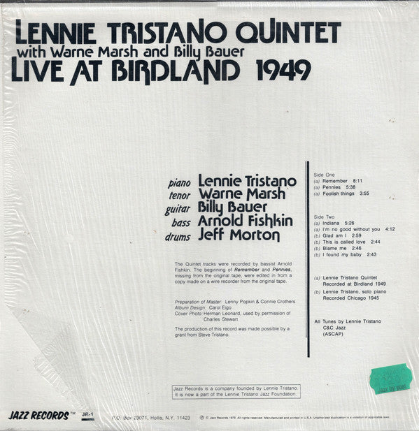 Lennie Tristano Quintet With Warne Marsh And Billy Bauer : Live At Birdland 1949 (LP, Album, Mono)