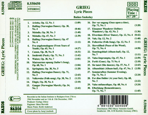 Edvard Grieg  / Balázs Szokolay : Lyric Pieces . Lyrische Stücke . Pièces Lyriques (Selection) (CD, Album)