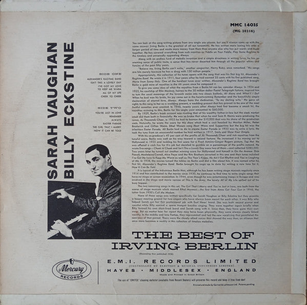 Sarah Vaughan And Billy Eckstine : Sing The Best Of Irving Berlin (LP, Album, Mono)