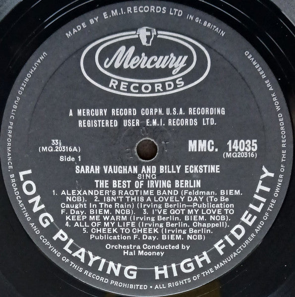 Sarah Vaughan And Billy Eckstine : Sing The Best Of Irving Berlin (LP, Album, Mono)