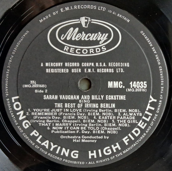 Sarah Vaughan And Billy Eckstine : Sing The Best Of Irving Berlin (LP, Album, Mono)