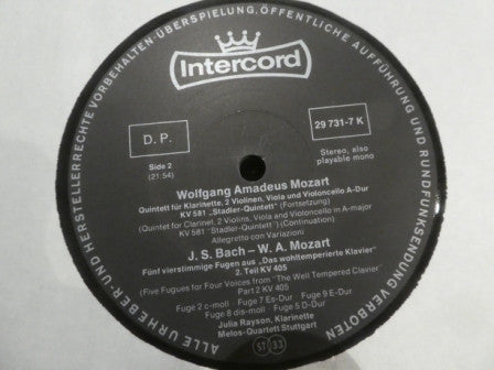 Wolfgang Amadeus Mozart, Melos Quartett, Julia Rayson, Johann Sebastian Bach : Klarinettenquintett A-Dur KV 581 Quintet For Clarinet In A Major KV 581/ Fünf Vierstimmige Fugen Aus Joh. Se. Bach "Das Wohltemperierte Klavier" 2. Teil, KV 405 Five Fugues For Four Voices From Joh-. Seb. Bach: "The Well Tempered Clavier", Part 2, KV 405 (LP)