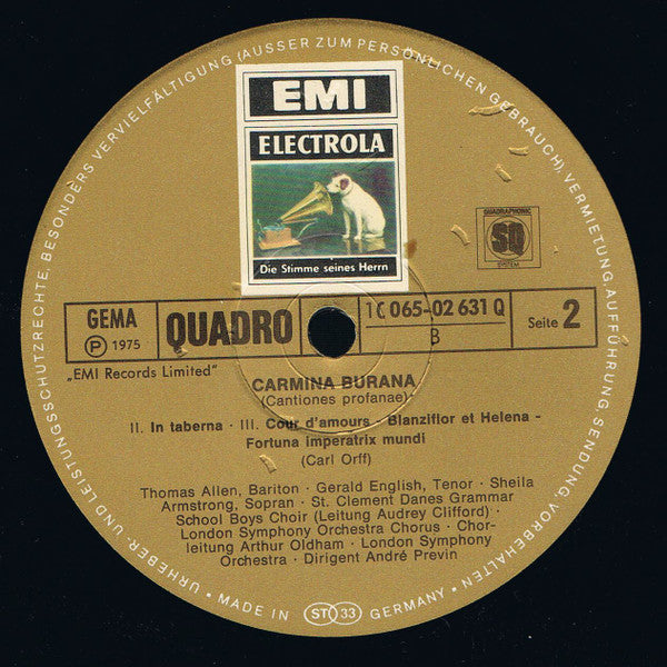 Carl Orff, André Previn, London Symphony Orchestra & London Symphony Chorus, St. Clement Danes Grammar School Boys' Choir, Sheila Armstrong, Gerald English, Thomas Allen : Carmina Burana (LP, Album, Quad)