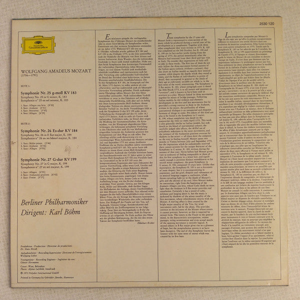 Wolfgang Amadeus Mozart, Karl Böhm, Berliner Philharmoniker : Symphonien Nr. 25 G-moll • Nr. 26 Es-Dur • Nr. 27 G-Dur (LP, Album)