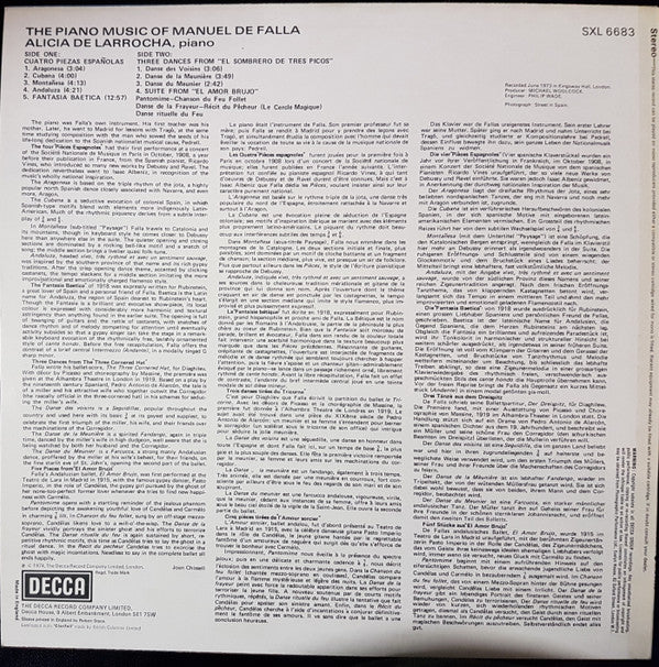 Manuel De Falla, Alicia De Larrocha : Piano Music (LP)