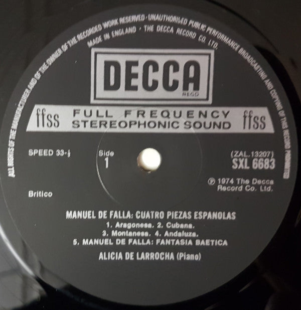 Manuel De Falla, Alicia De Larrocha : Piano Music (LP)