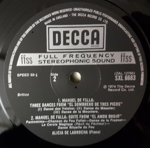 Manuel De Falla, Alicia De Larrocha : Piano Music (LP)