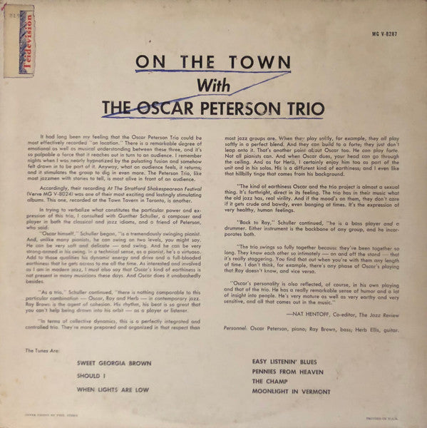 The Oscar Peterson Trio : On The Town With The Oscar Peterson Trio (LP, Album, Mono, RE)