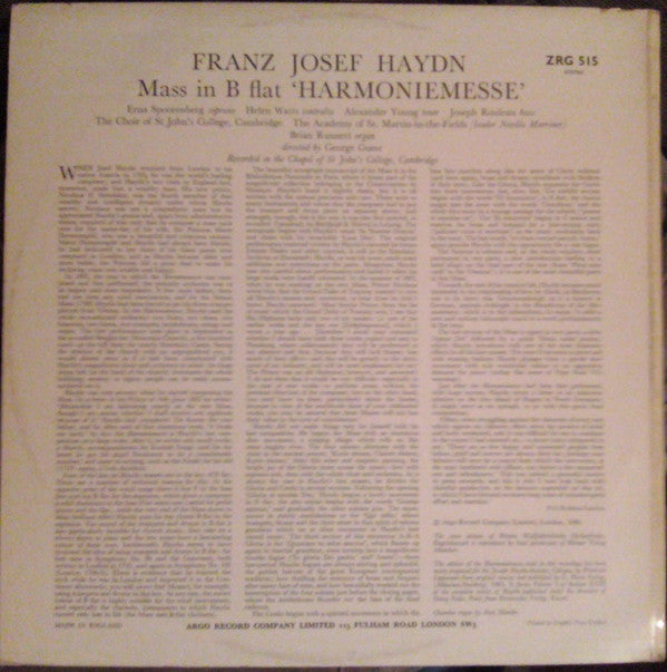 Joseph Haydn - Erna Spoorenberg / Helen Watts / Alexander Young / Joseph Rouleau, St. John's College Choir, The Academy Of St. Martin-in-the-Fields, George Guest (2) : Harmoniemesse (LP)