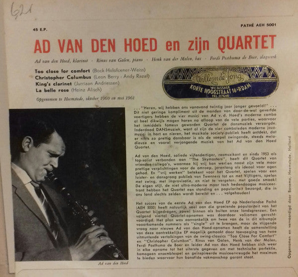 Ad Van Den Hoed Kwartet : Too Close For Comfort (7", EP, Mono)