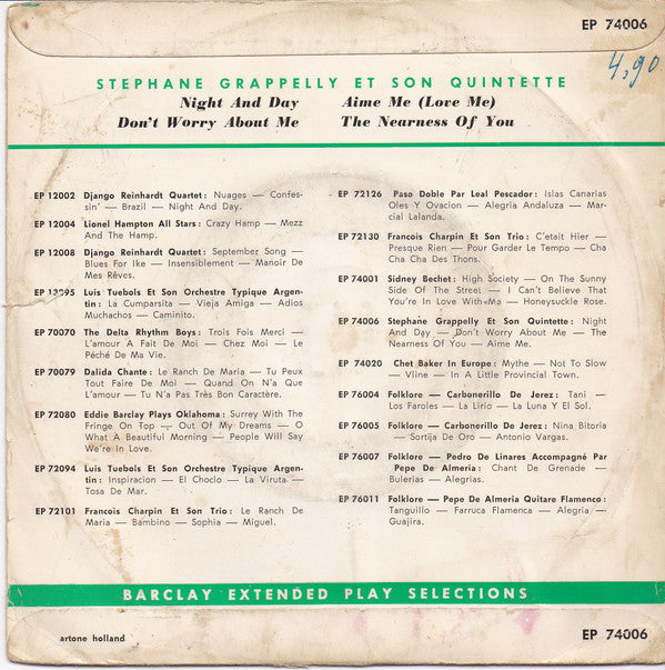 Stéphane Grappelli Quintet : Night And Day / Don't Worry About Me (7", EP)