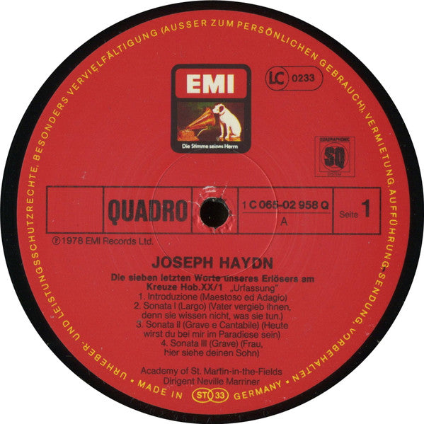 Joseph Haydn, The Academy Of St. Martin-in-the-Fields, Sir Neville Marriner : Die Sieben Letzten Worte Unseres Erlösers Am Kreuze / The Seven Last Words Of Our Saviour On The Cross ( Urfassung ) (LP, Album, Quad)