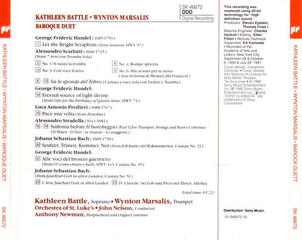 Kathleen Battle • Wynton Marsalis, Anthony Newman, Orchestra Of St. Luke's, John Nelson (5) : Baroque Duet (CD, Album, Sli)