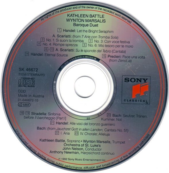 Kathleen Battle • Wynton Marsalis, Anthony Newman, Orchestra Of St. Luke's, John Nelson (5) : Baroque Duet (CD, Album, Sli)