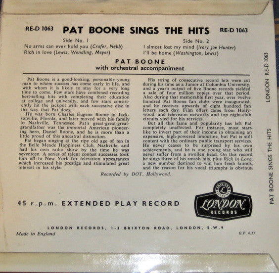 Pat Boone : Pat Boone Sings The Hits (7", EP, RP)