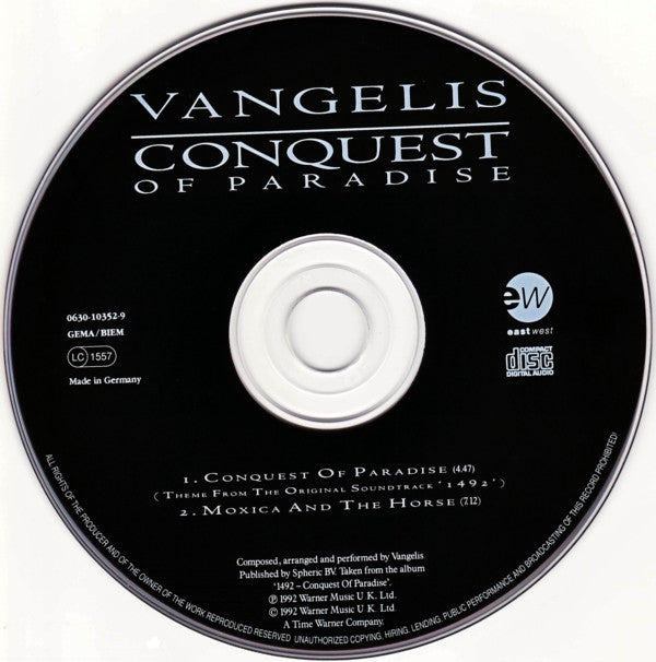 Vangelis : Conquest Of Paradise (CD, Single, RP)
