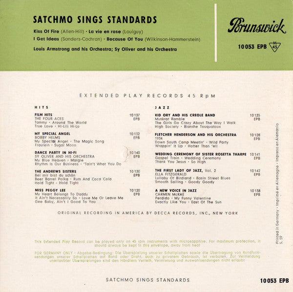 Louis Armstrong : Satchmo Sings Standards (7", EP)