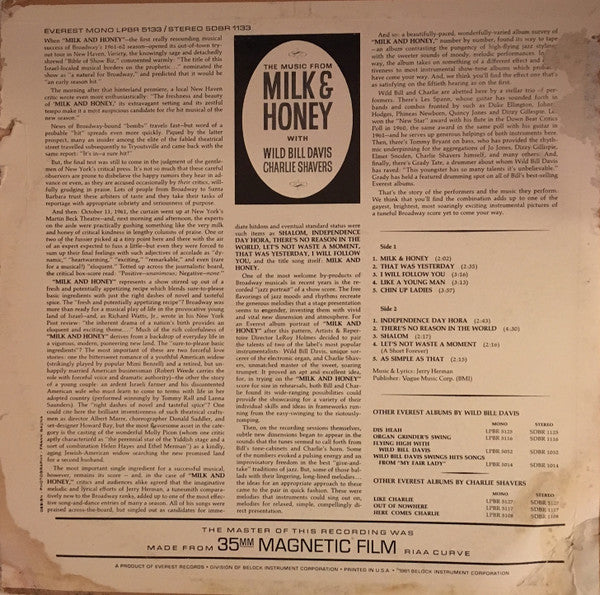Wild Bill Davis, Charlie Shavers : The Music From Milk & Honey (LP, Album, Mono)