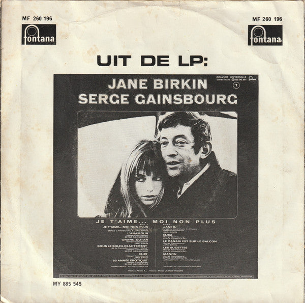 Jane Birkin : Je T'aime... Moi Non Plus / Jane B. (7", Single, Mono)