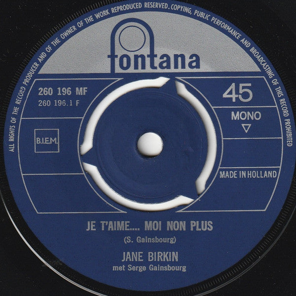 Jane Birkin : Je T'aime... Moi Non Plus / Jane B. (7", Single, Mono)