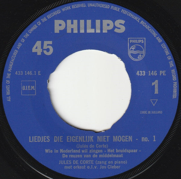 Jules de Corte : Liedjes Die Eigenlijk Niet Mogen - 1 (7", EP, Mono)