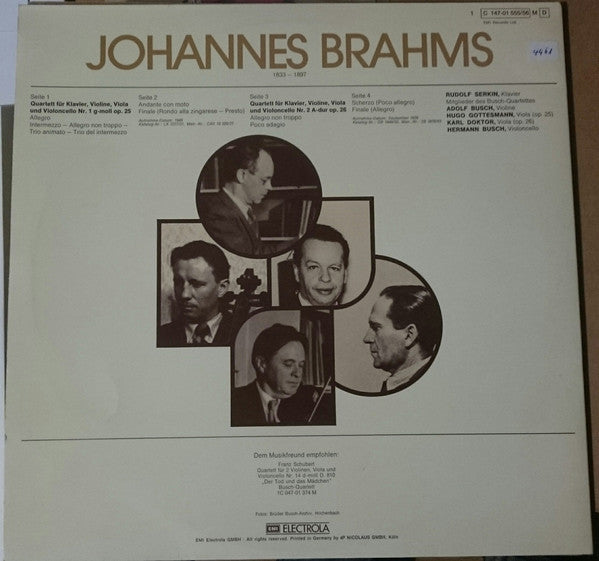 Johannes Brahms - The Busch Quartet / Rudolf Serkin : Quartette Für Klavier, Violine, Viola, Violoncello Nr. 1 Op. 25 Und Nr. 2, Op. 26 (2xLP, Album, Comp, Mono)