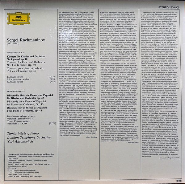 Sergei Vasilyevich Rachmaninoff - Tamás Vásáry, Yuri Ahronovitch, London Symphony Orchestra : 4. Klavierkonzert = Piano Concerto No.4 / Paganini-Rhapsodie • Rhapsody On A Theme Of Paganini (LP, Album)