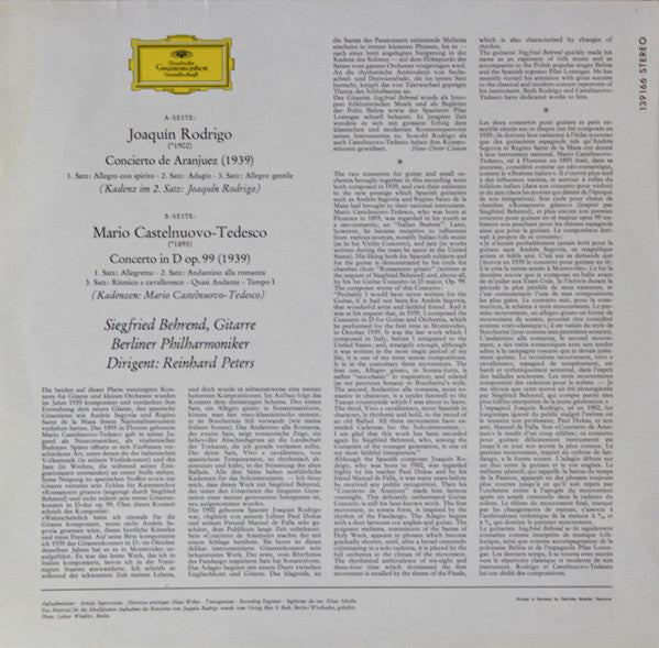 Joaquín Rodrigo, Mario Castelnuovo Tedesco / Siegfried Behrend, Berliner Philharmoniker, Reinhard Peters : Concierto De Aranjuez · Concerto In D (LP, RP)